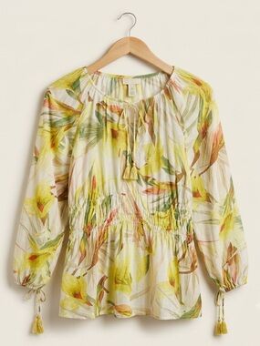 H&M White and Yellow Floral Peasant Blouse